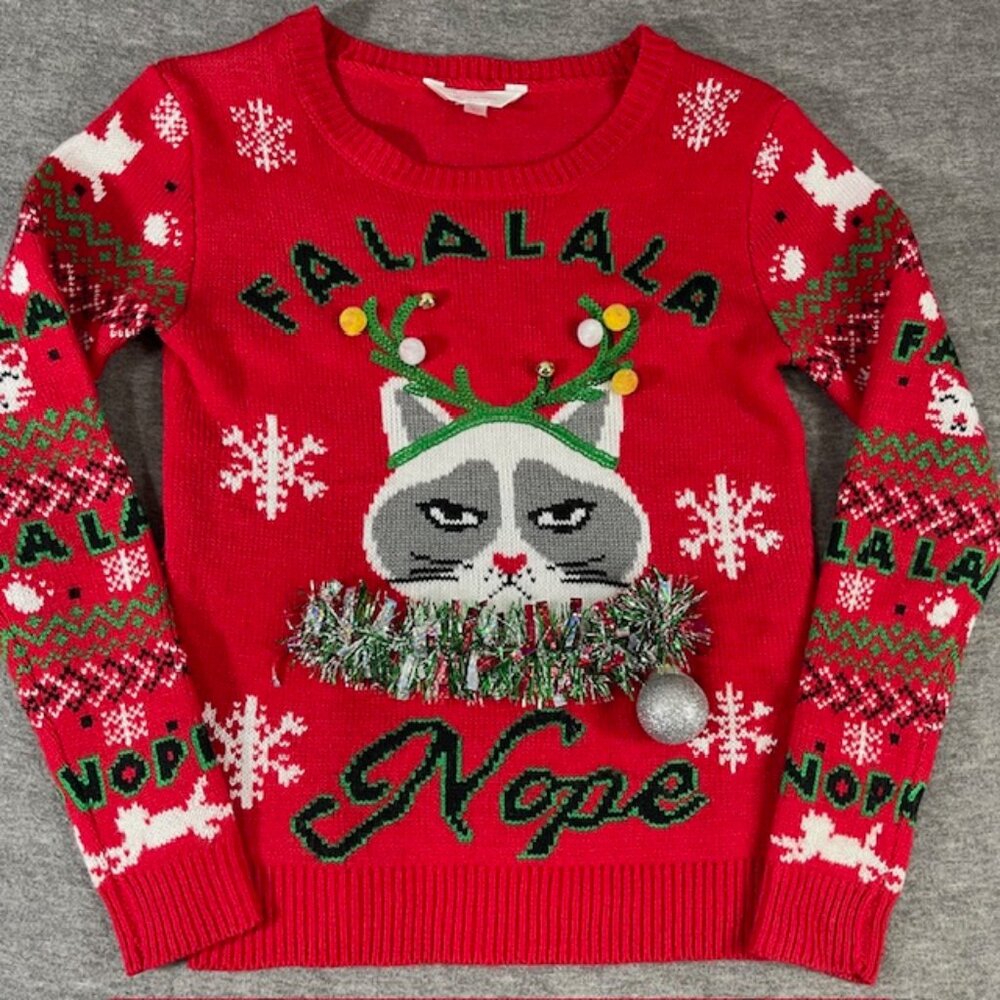 Women's XS Grumpy Cat Ugly Christmas Sweater Red Fa La La Nope Garland Bling
